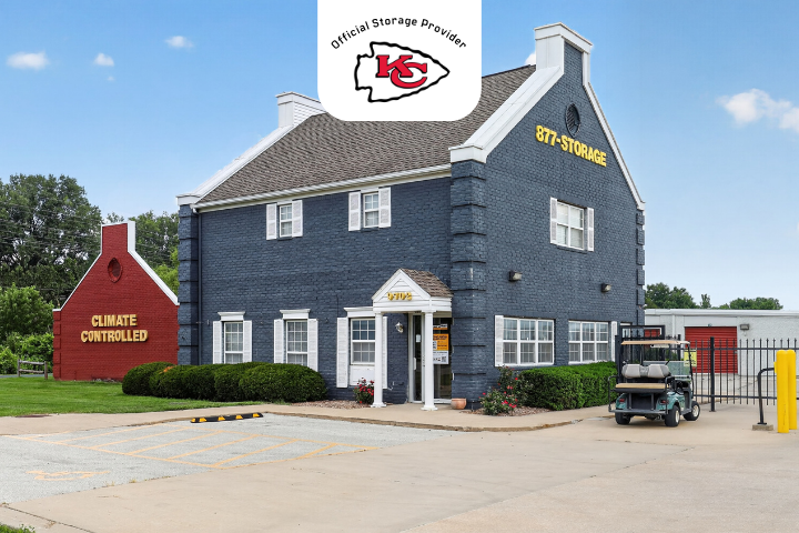 Facility exterior at StorageMart in Merriam Kansas with Kansas City Chiefs partnership logo
